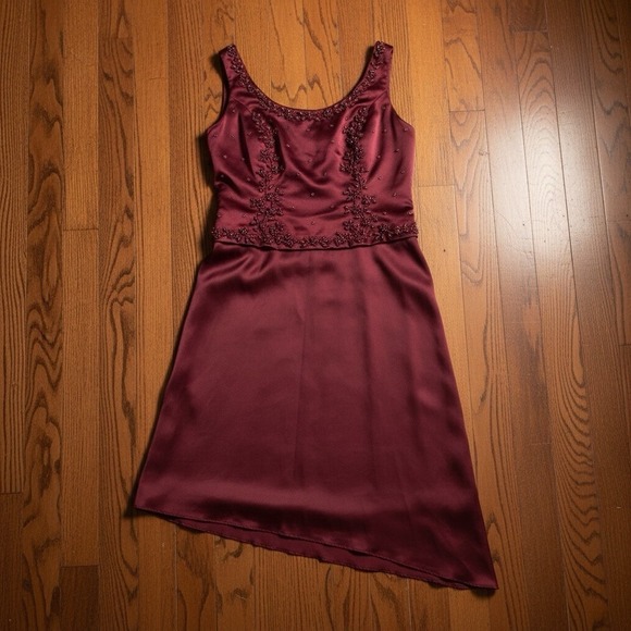 Michelangelo Dresses & Skirts - Michelangelo Dress Womens 6 Red‎ Beaded Satin Asymmetrical Hem Bridesmaid Corset